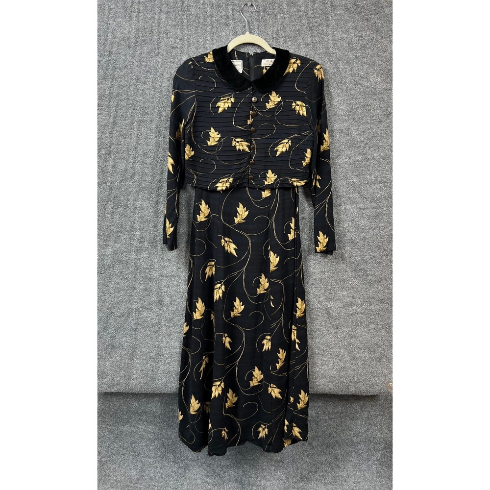 Karin Stevens Dress Womens Size 8 Maxi‎ Black Velvet Collar 90s Autumn Leaf VTG